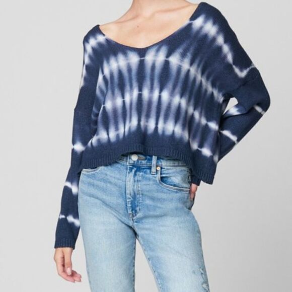 BlankNYC Navy white tiedye striped cropped sweater - Picture 1 of 7